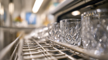 A collection of shimmering crystal glasses aligned precisely on a dish rack, set against a sleek modern kitchen illuminated by gentle, ambient light and a blurred baの写真素材