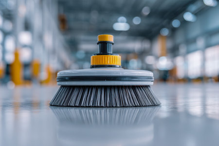 A sleek industrial cleaning device with vibrant yellow details gleams as it polishes a smooth concrete floor, set against the backdrop of a spacious, contemporary waの写真素材