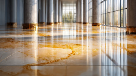 A bright, open-concept space featuring gleaming gold-hued marble flooring that mirrors expansive windows and sleek white columns, exuding refined sophistication.の写真素材