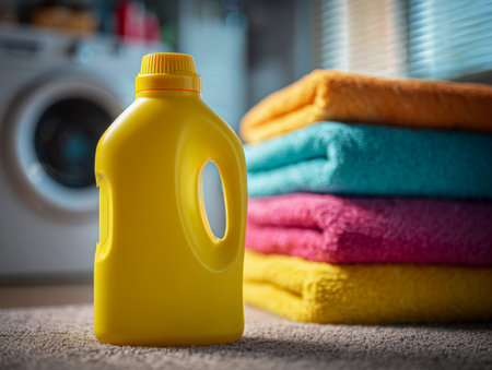 A cheerful yellow detergent container rests beside neatly folded vibrant towels on a cozy carpet, with a blurred washing machine and soft window blinds in the backgrの写真素材