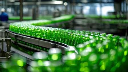 Vibrant green bottles glide smoothly along high-tech conveyor systems in a sleek factory, with...