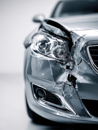 A close-up of a silver vehicle's front end reveals extensive impact damage, with fractured...