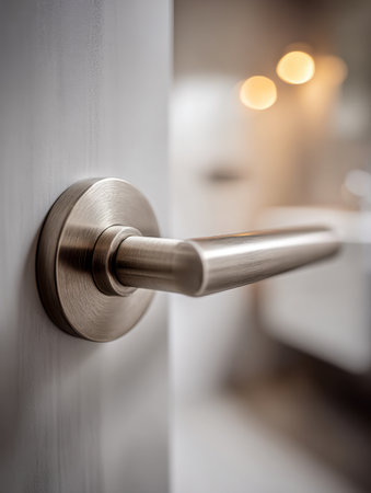 A sleek, contemporary handle crafted from matte stainless steel adorns a crisp white surface, illuminated softly by inviting ambient golden hues that evoke cozy sophの写真素材