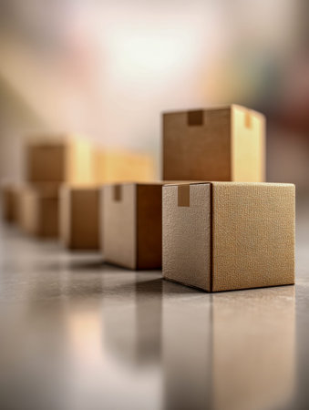 Neat row of compact cardboard containers resting on a glossy surface, illuminated by gentle...