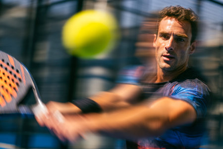 A dedicated male competitor executes a powerful strike during an outdoor paddle tennis game,...