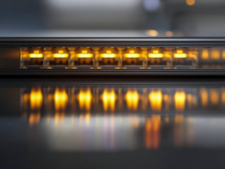 Bright yellow LEDs cast a gentle glow on a smooth black surface, highlighting high-tech network connections in an ultra-modern, minimalistic workspace.の写真素材