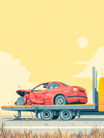 A battered crimson car rests on a flatbed vehicle, traveling alone down a deserted highway beneath a vivid amber sky in broad daylight.の写真素材