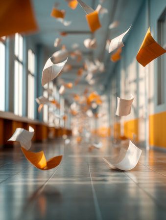 Sunlit corridor with spacious windows, gleaming tiles, as vibrant sheets drift playfully, capturing a lively, cheerful atmosphere on a warm afternoon.の写真素材