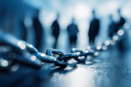 Reflective metallic links foreground a unified bond, while indistinct figures in the distance symbolize collective strength, collaboration, and corporate unity.の写真素材