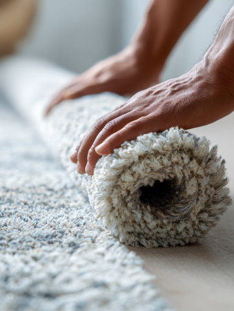 Warm sunlight illuminates a tidy, inviting space as hands delicately unroll a plush fabric, enhancing the home's comforting atmosphere with detailed interior charm.の写真素材