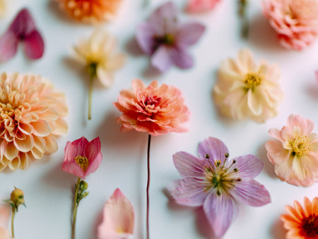 An artful display of gentle pastel blooms and scattered petals on a pristine white surface evokes tranquility and freshness, perfect for springtime interior accents.の写真素材