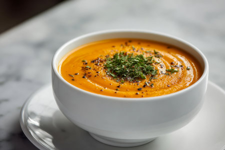 A comforting bowl of velvety pumpkin puree topped with fragrant herbs and a sprinkle of black pepper, set on a stylish marble surface perfect for fall dining.の写真素材