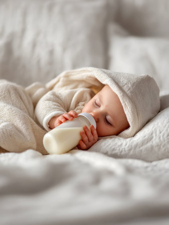 A serene infant rests peacefully, cocooned in a warm blanket, gently sipping milk from a bottle amidst gentle natural glow on a cozy bed at home.の写真素材