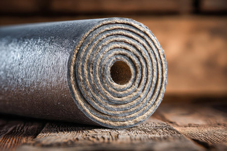 A tightly rolled mat featuring a rough, fibrous surface complemented by shiny foil, placed on aged wood, ideal for enhancing acoustic or thermal insulation.の写真素材