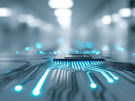 A cutting-edge microprocessor featuring luminous azure pathways adorns a streamlined motherboard,...