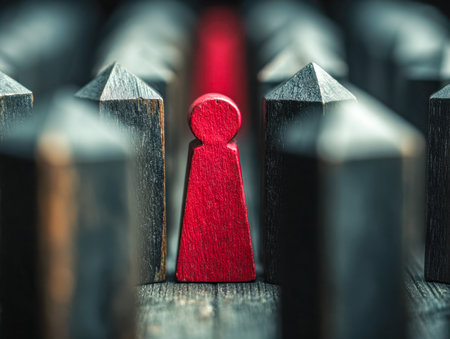 A vibrant red figurine rises boldly amid somber dark wood accents, embodying distinction, confidence, and the power of personal identity against a soft-focus backdroの写真素材
