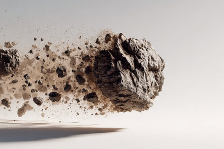 Jagged cosmic debris shatters swiftly across a barren landscape, casting subtle shadows on a neutral...
