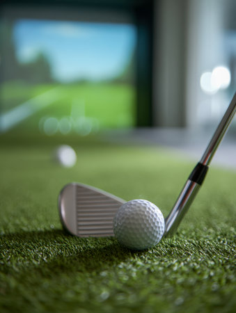 A detailed shot of a golf club and ball resting on synthetic turf, with a softly blurred digital course display hinting at a high-tech indoor practice environment.の写真素材