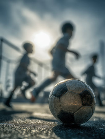 An aged vintage soccer ball rests on the ground as energetic youth chase after it, their swift...