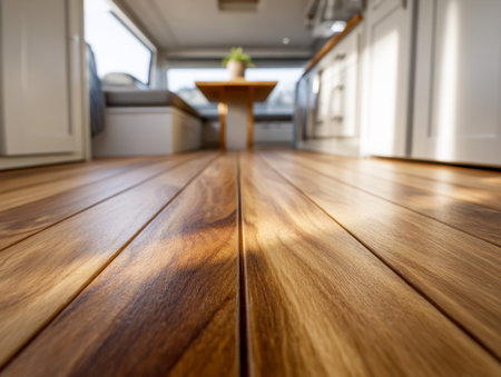 Sunlight streams into a contemporary kitchen, illuminating honey-toned wooden planks that add warmth and character to the inviting dining corner.の写真素材