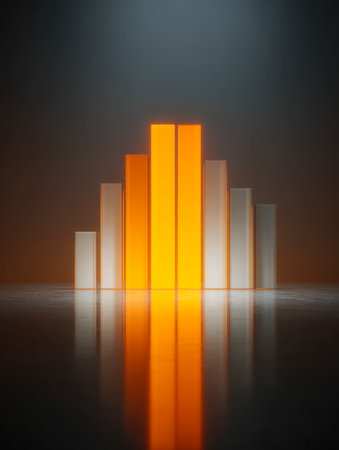 A vibrant, glowing chart with orange and white bars stands tall against a sleek, reflective surface, set against a deep, gradient backdrop representing strategic finの写真素材