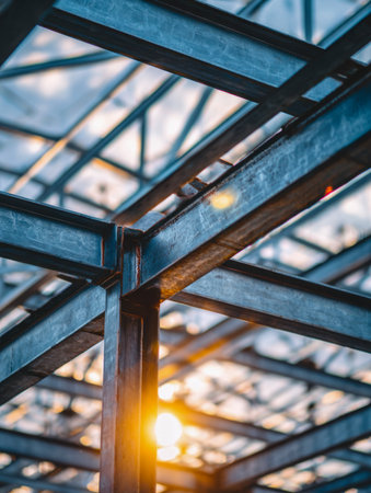 Sunlit steel girders form an intricate lattice, casting golden hues against a blurred industrial sky, highlighting modern construction strength and precision.の写真素材