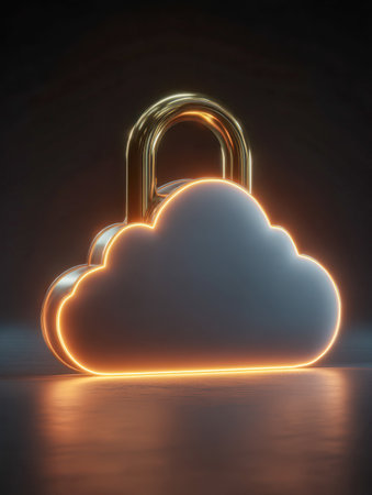 A luminous cloud-shaped emblem radiates against a sleek, mirrored surface, highlighting the essence of safeguarding digital information in a cutting-edge cybersecuriの写真素材