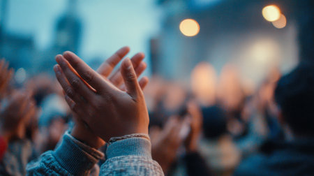 Joyful hands reach skyward in harmony, amid soft sunset hues and twinkling lights, evoking a powerful sense of community and shared achievement.の写真素材