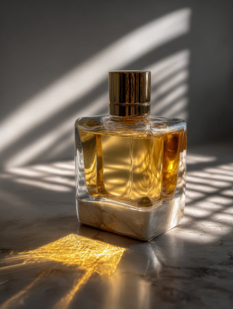 A slender glass vessel showcasing a luminous amber essence, bathed in gentle sunlight that creates delicate patterns on a sleek marble tabletop against a neutral bacの写真素材