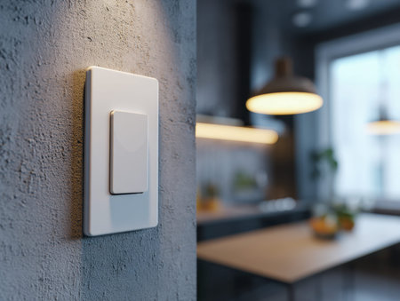 A sleek white switch contrasts against a rugged concrete surface, while a softly blurred kitchen...