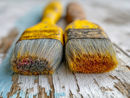 A pair of aged, yellow-handled brushes with rugged bristles stained by dried paint lie on a textured, peeling wooden tabletop illuminated by soft, natural sunlight.の写真素材