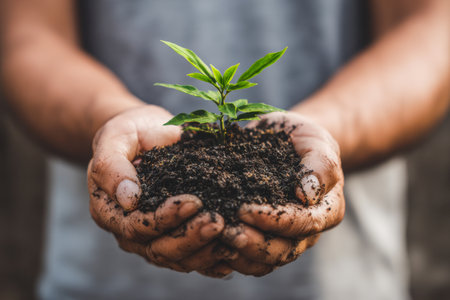 Warm hands cradle fertile earth supporting a sprouting plant, embodying hope, environmental responsibility, and commitment to a greener tomorrow.の写真素材
