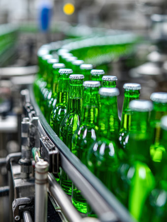 Emerald-hued bottles glide smoothly on a sleek assembly line within an advanced manufacturing facility, surrounded by high-tech machinery and industrial equipment.の写真素材