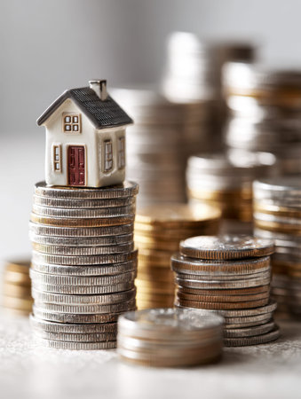 A miniature home perched atop towering coin stacks amid swirling currency scenes, capturing themes...