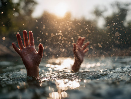 Hands emerge from a shimmering lake as the sunset bathes the scene in warm golden hues, droplets catch light, with soft-parked trees and sky in the distance.の写真素材