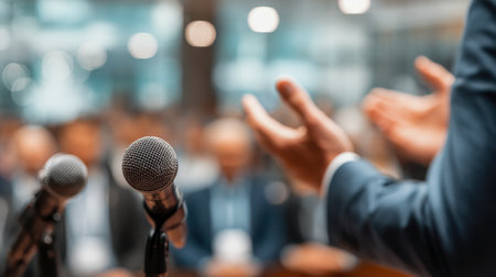 A confident presenter uses expressive hand movements to engage a crowd, with multiple microphones positioned in front and a background of attentive listeners.の写真素材