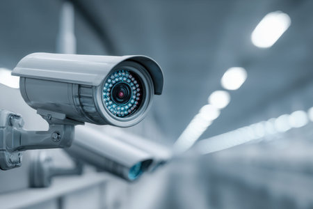 A sleek, high-resolution indoor camera equipped with infrared capabilities, strategically placed in...