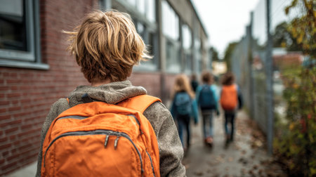 A cheerful young learner with an eye-catching orange bag strolls along a school corridor, accompanied by friends dressed in cozy jackets on a chilly fall afternoon.の写真素材