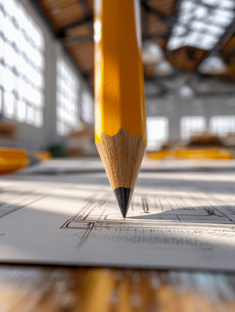 A lively yellow pencil hovers over detailed blueprints on a wooden surface, illuminated by soft natural light in a spacious, inspiration-filled studio.の写真素材
