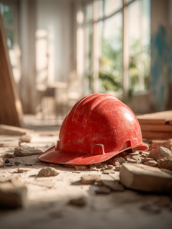 A solitary crimson helmet rests amid scattered debris on a gritty surface, illuminated by faint lighting inside a dismantling space with a blurred, unfinished backdrの写真素材