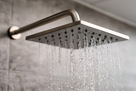 A sleek, contemporary bathroom featuring a polished stainless steel rain-style showerhead with...