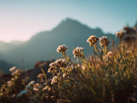 Vibrant wildflowers blanket a rugged hillside bathed in golden light, with craggy formations and towering mountain summits stretching into a bright, azure sky.の写真素材