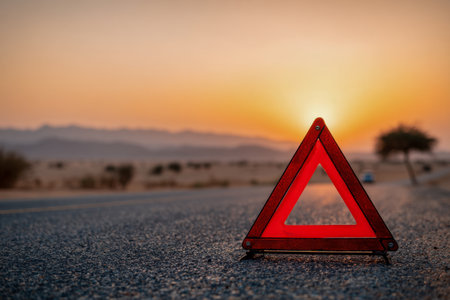 A vibrant red warning device rests on a paved surface amid a desert scene, illuminated by the warm glow of sunset, with distant peaks under a cloudless sky.の写真素材