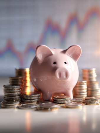 A charming pink ceramic money box encircled by orderly stacks of coins, with a softly blurred chart...