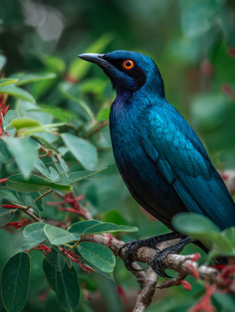 A dazzling blue bird with iridescent feathers and vivid orange irises peacefully sits among dense...