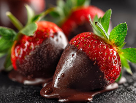 Juicy strawberries coated in smooth, glossy chocolate rest on a dark background, accented by vibrant green leaves, evoking a tempting blend of freshness and decadencの写真素材