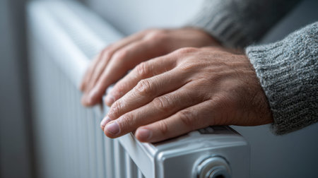A man in a soft woolen sweater greets winter's chill by clutching a sleek white radiator, his breath...