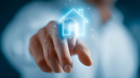 A hand gently interacts with a luminous digital residence symbol, illustrating advanced smart home...