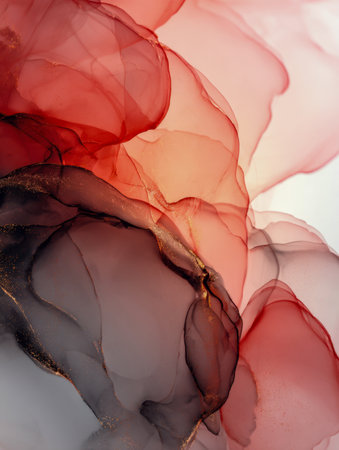 A dynamic blend of crimson, amber, and midnight hues swirls seamlessly, creating a luminous, layered artistry with gentle edges and shimmering gold highlights.の写真素材