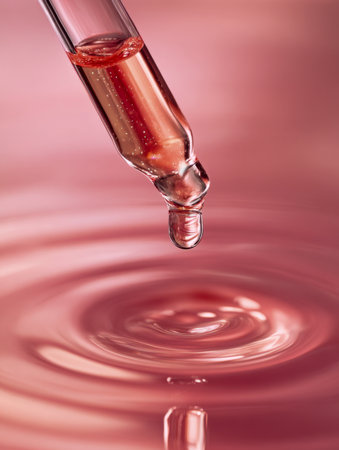 A sleek glass dropper gently releases a lone drop into a vibrant pink solution, forming delicate ripples under gentle lighting?perfect for beauty and skincare visualの写真素材